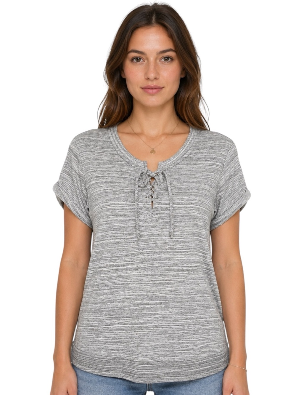 New York & Company Gray Tee Space Dye Lace Up Short Sleeve Size Large